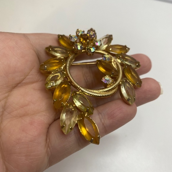Large Vintage Juliana Rhinestone Crystal Open Back Brooch Pin Yellow - Picture 3 of 7